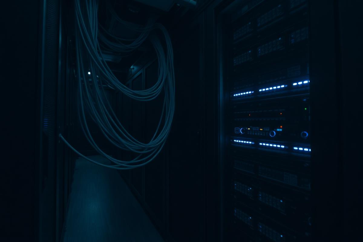 Dark data centre aisle with fibre optic cabling and blue indicator lights