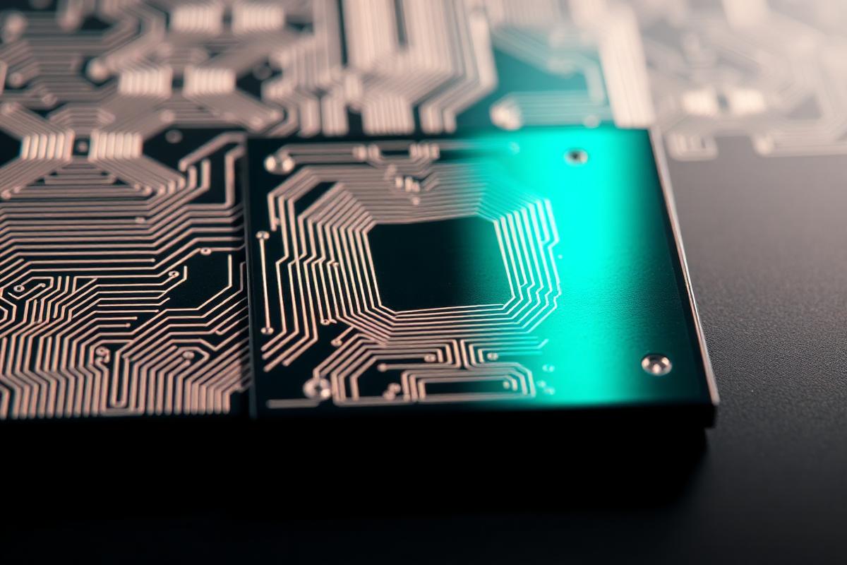 Macro photograph of a superconducting qubit chip with etched circuitry